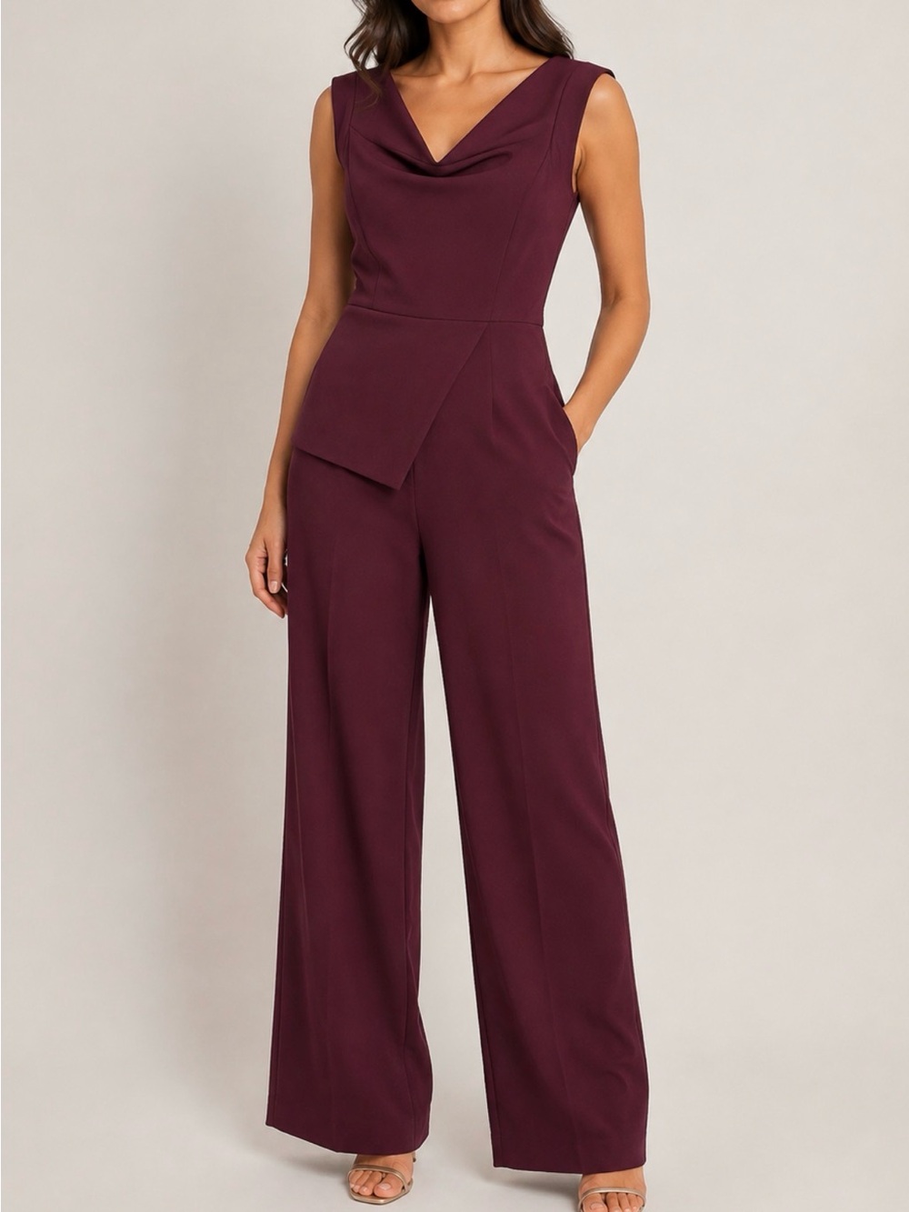 The Fold Draped Wide-Leg Jumpsuit in Burgundy Plum